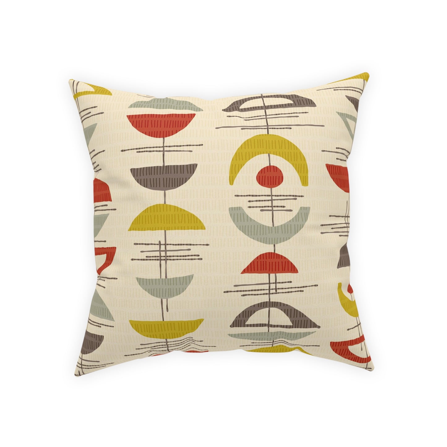 Mid Century Accent Pillow in Cream, Red, Sage Green and Gold. A Different Pattern Printed on Each Side. 5 sizes. Pillow insert included.