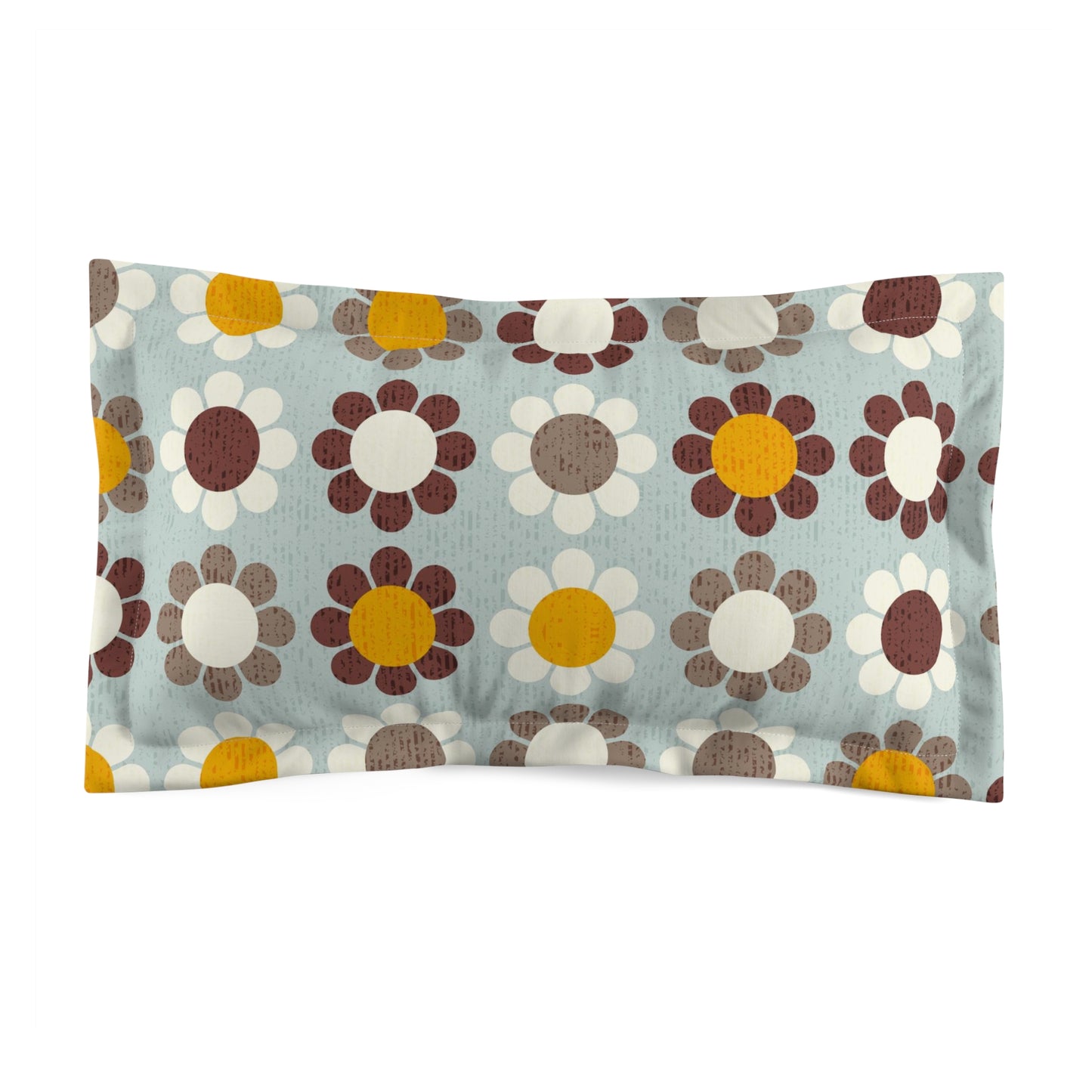 Pillow Sham with Retro Flower Power Daisy Pattern in Aqua Blue. Pairs with Duvets. Standard and King Sizes.