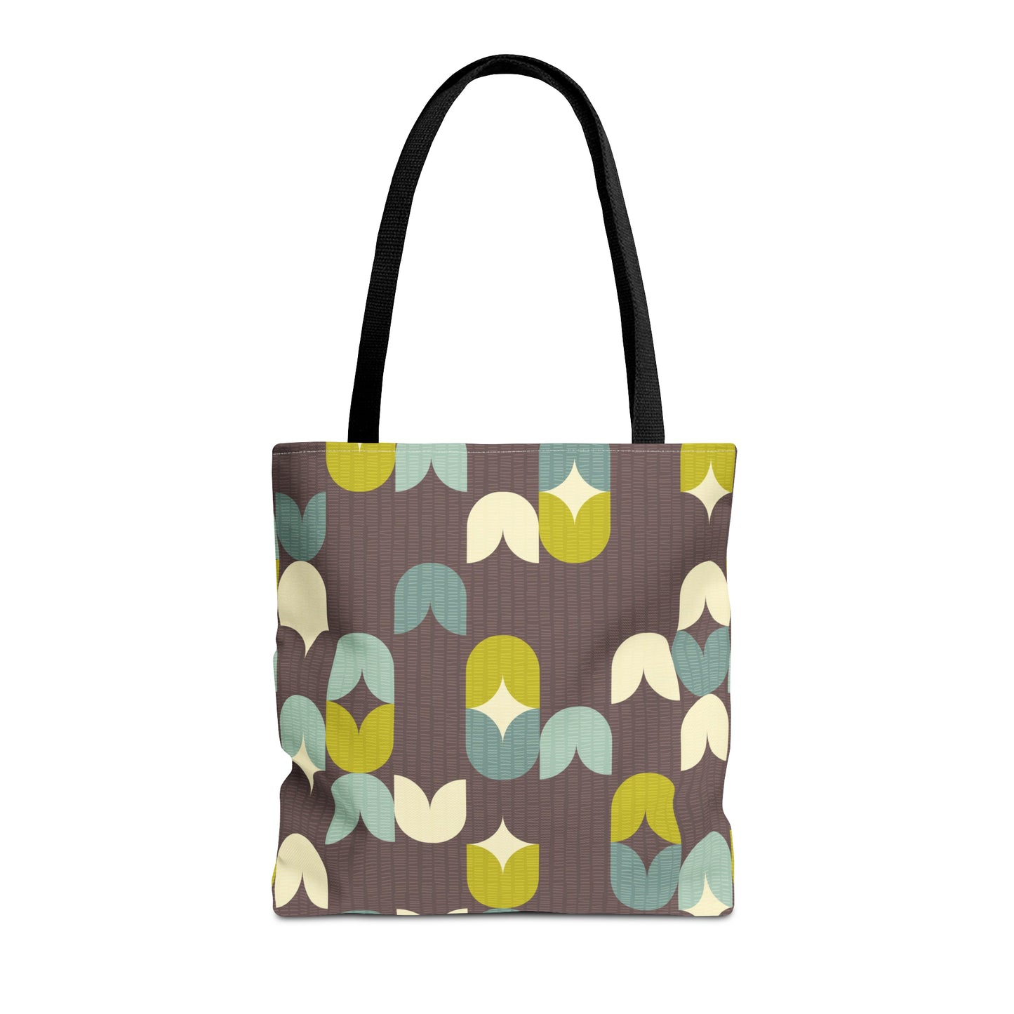 Beautiful Tote Bag with Scandinavian Inspired Print in Deep Brown, Aqua Blue and Lime. Available in 3 sizes.