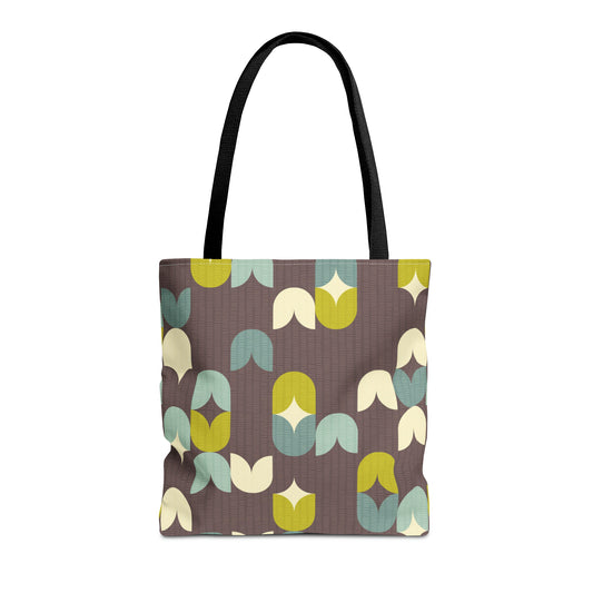 Beautiful Tote Bag with Scandinavian Inspired Print in Deep Brown, Aqua Blue and Lime. Available in 3 sizes.