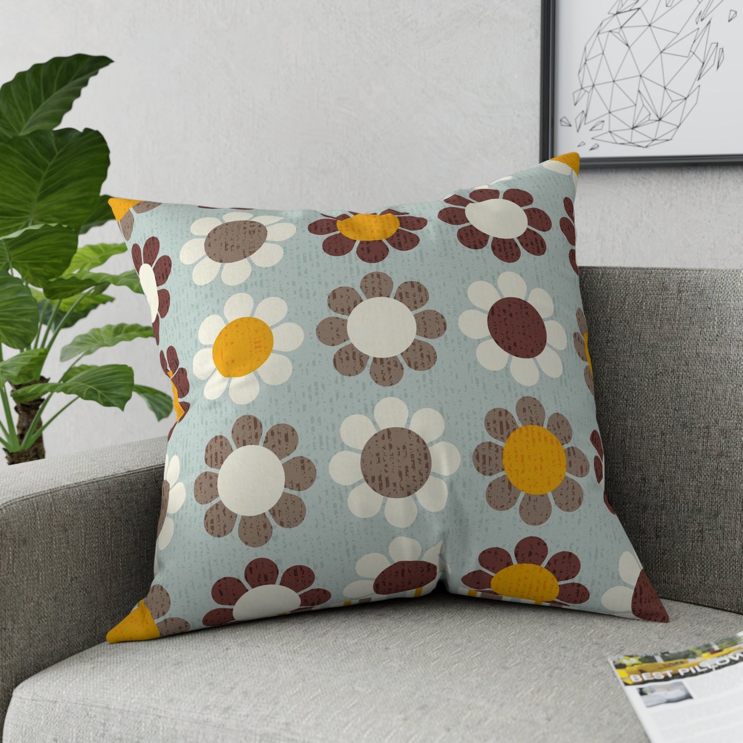 Accent Pillow with Retro Flower Power Daisy Pattern on the front, Matching Stripes on the back. 5 sizes. Pillow Insert Included