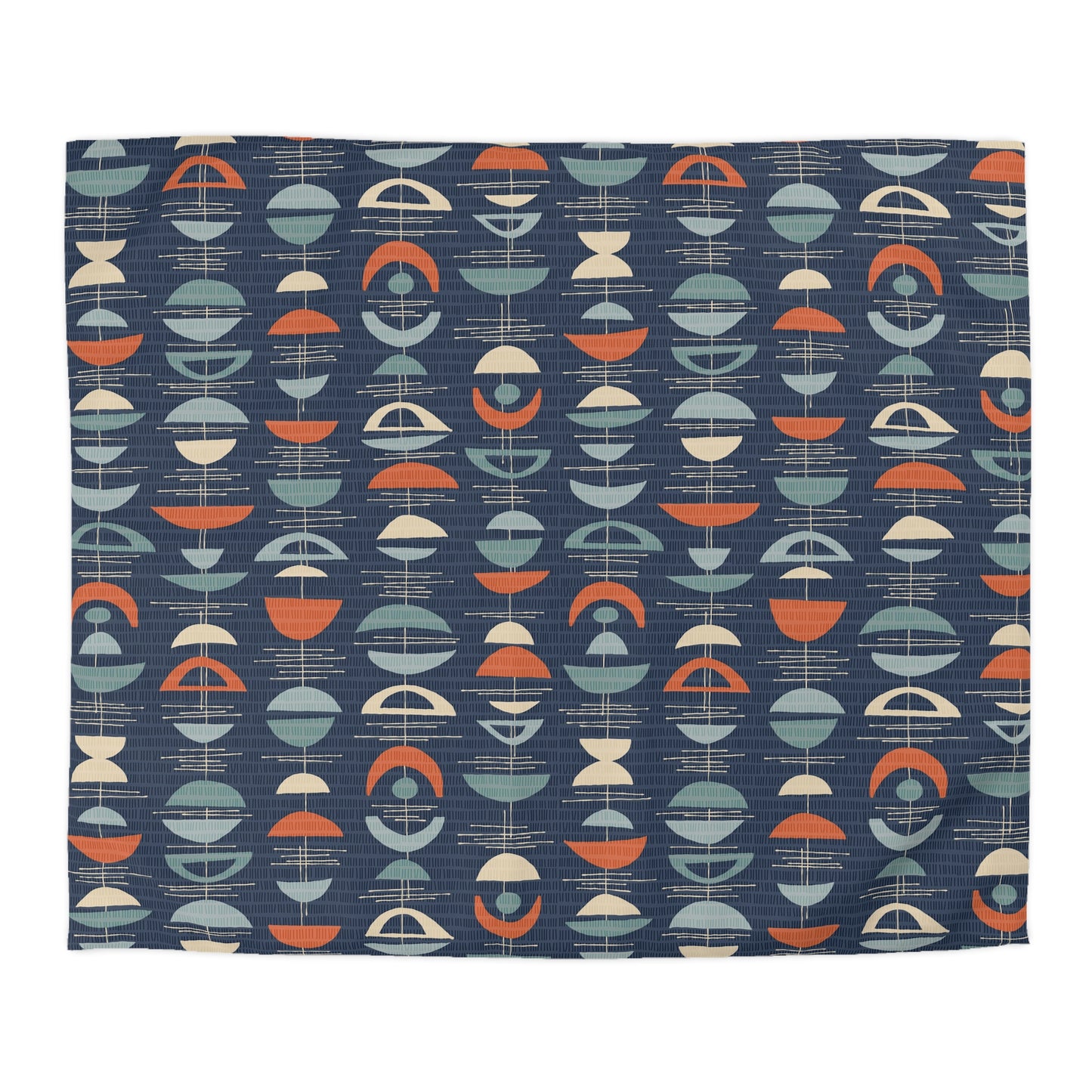 Mid Century Modern Duvet Cover in Deep Blue, Dark Coral and Grey. Original Abstract Crescent Pattern. 4 sizes.