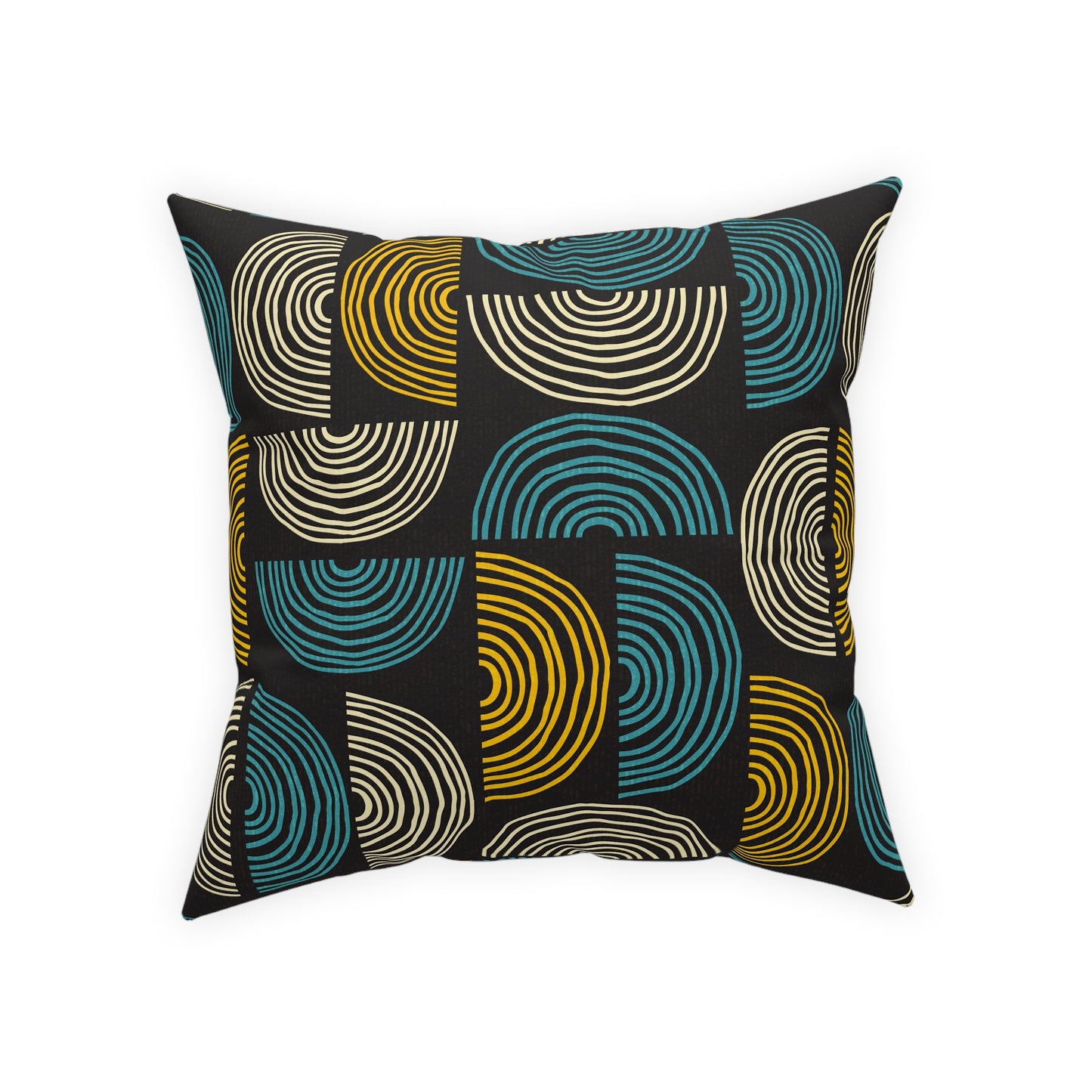 Mid-Century Modern Accent Pillow. Turquoise & Gold on Black. A different Circle Pattern on Each Side. 5 sizes. Insert included.