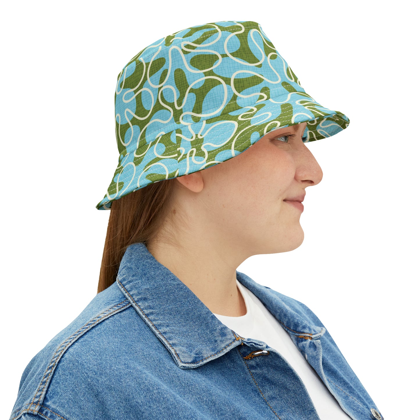 Summer Bucket Hat with Wild Abstract Surfer Print in Pool Blue and Green. Available in 2 sizes.