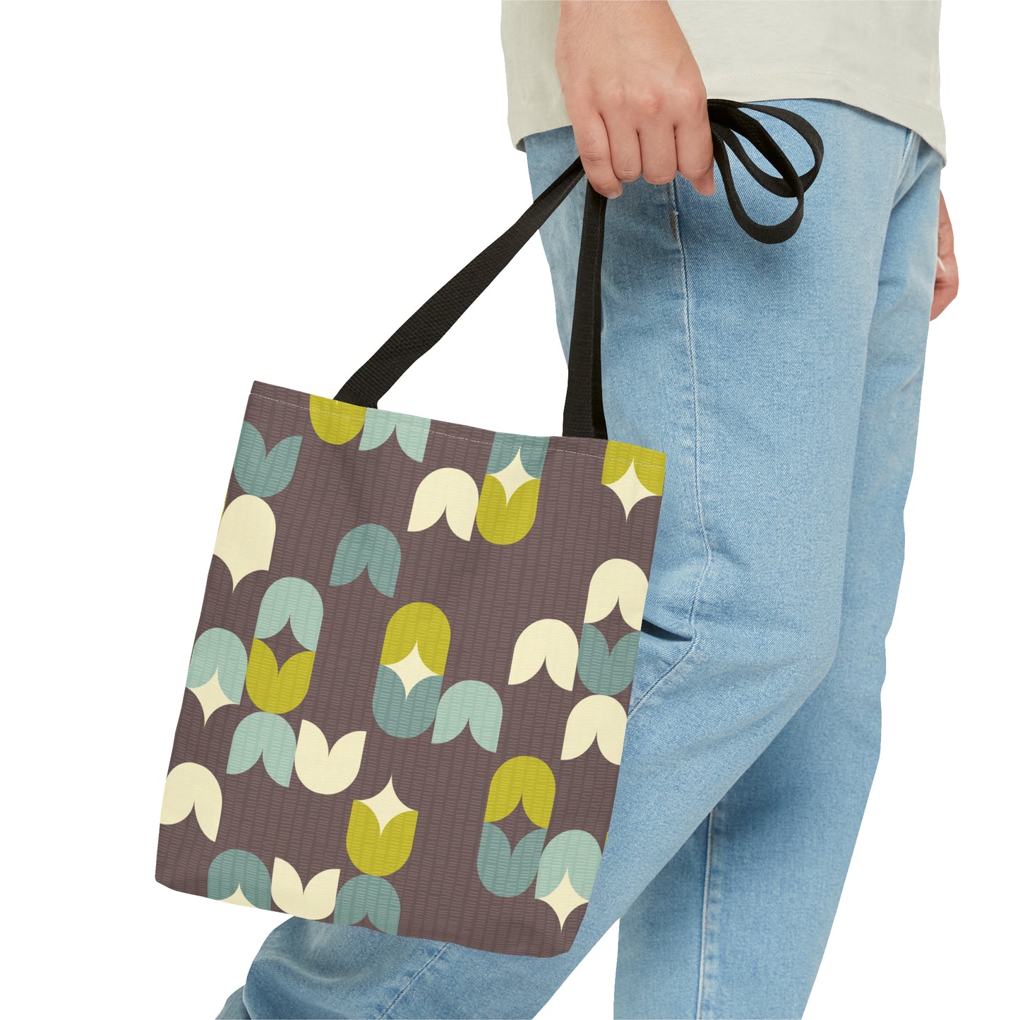 Beautiful Tote Bag with Scandinavian Inspired Print in Deep Brown, Aqua Blue and Lime. Available in 3 sizes.