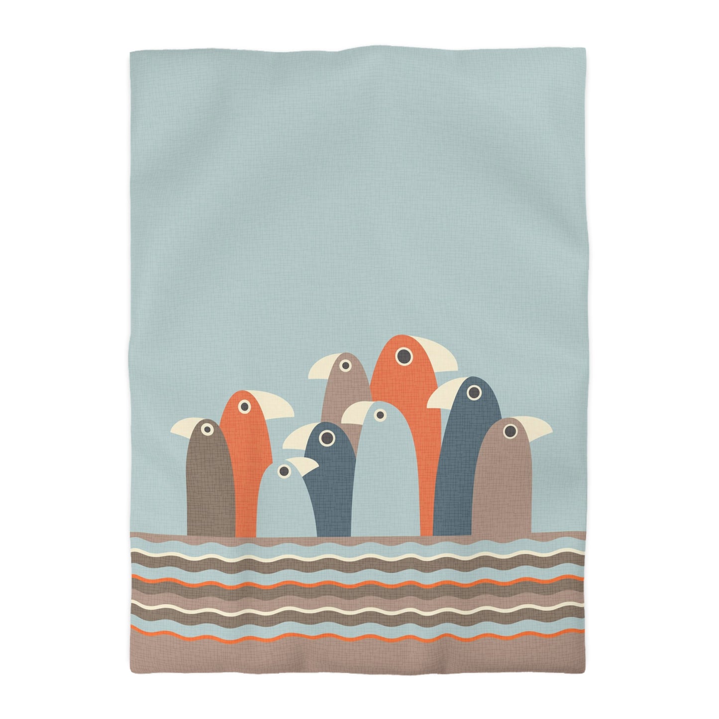 Cute Duvet Cover with Minimalist Design. Gaggle of Quirky Birds in Mint, Taupe, Coral and Grey. Original Illustration and Design. 2 Sizes.