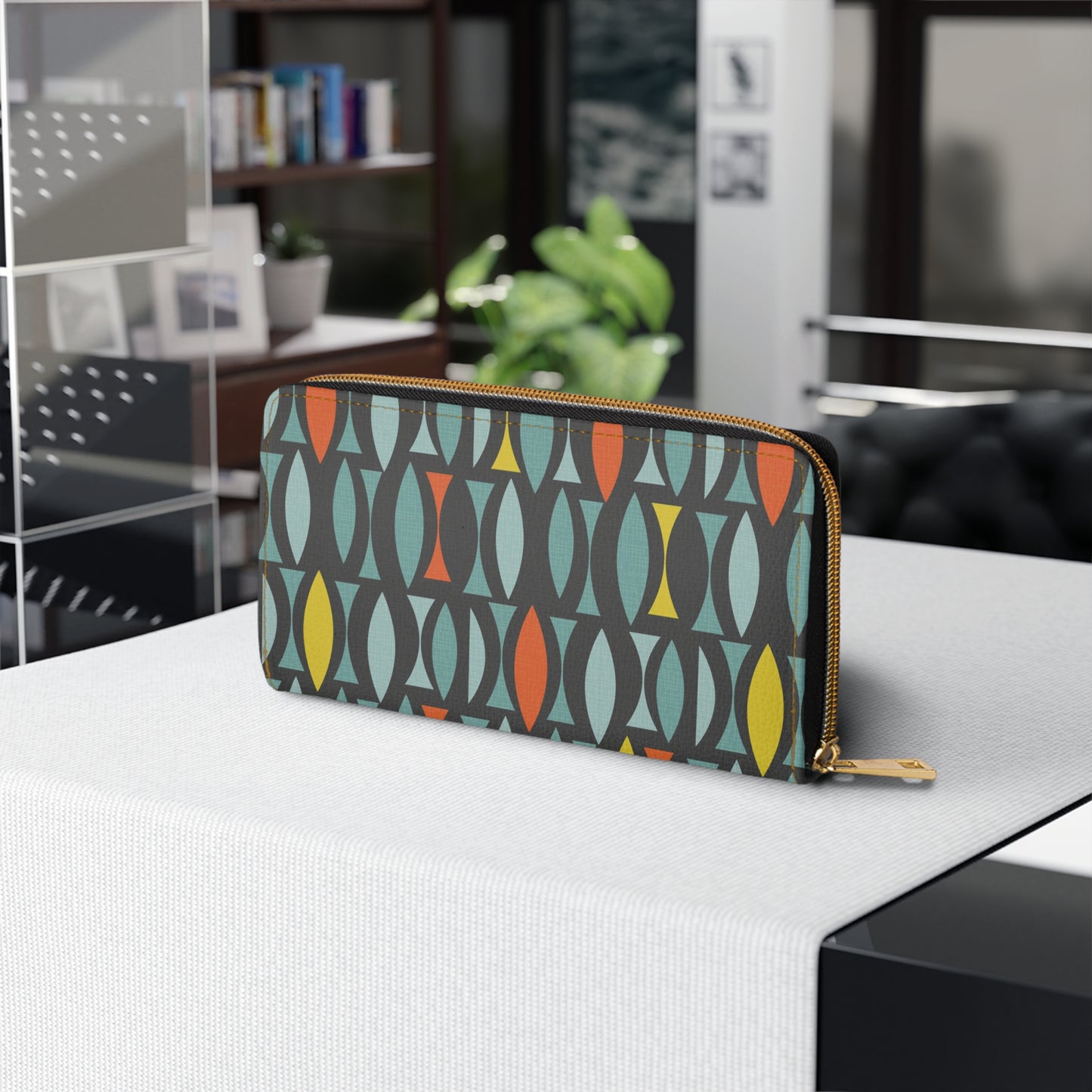 Zipper Wallet with Custom Mid-Century Print. Unique Abstract Geometric Pattern.