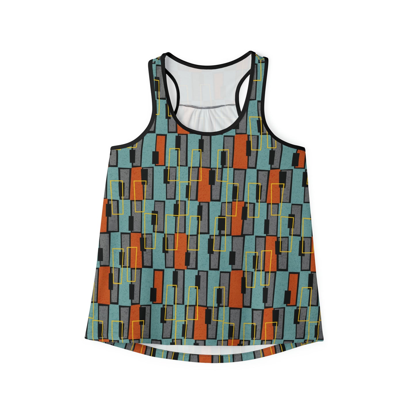 Women's Colorful Abstract All Over Print Tank Top- Aqua, Orange & Grey