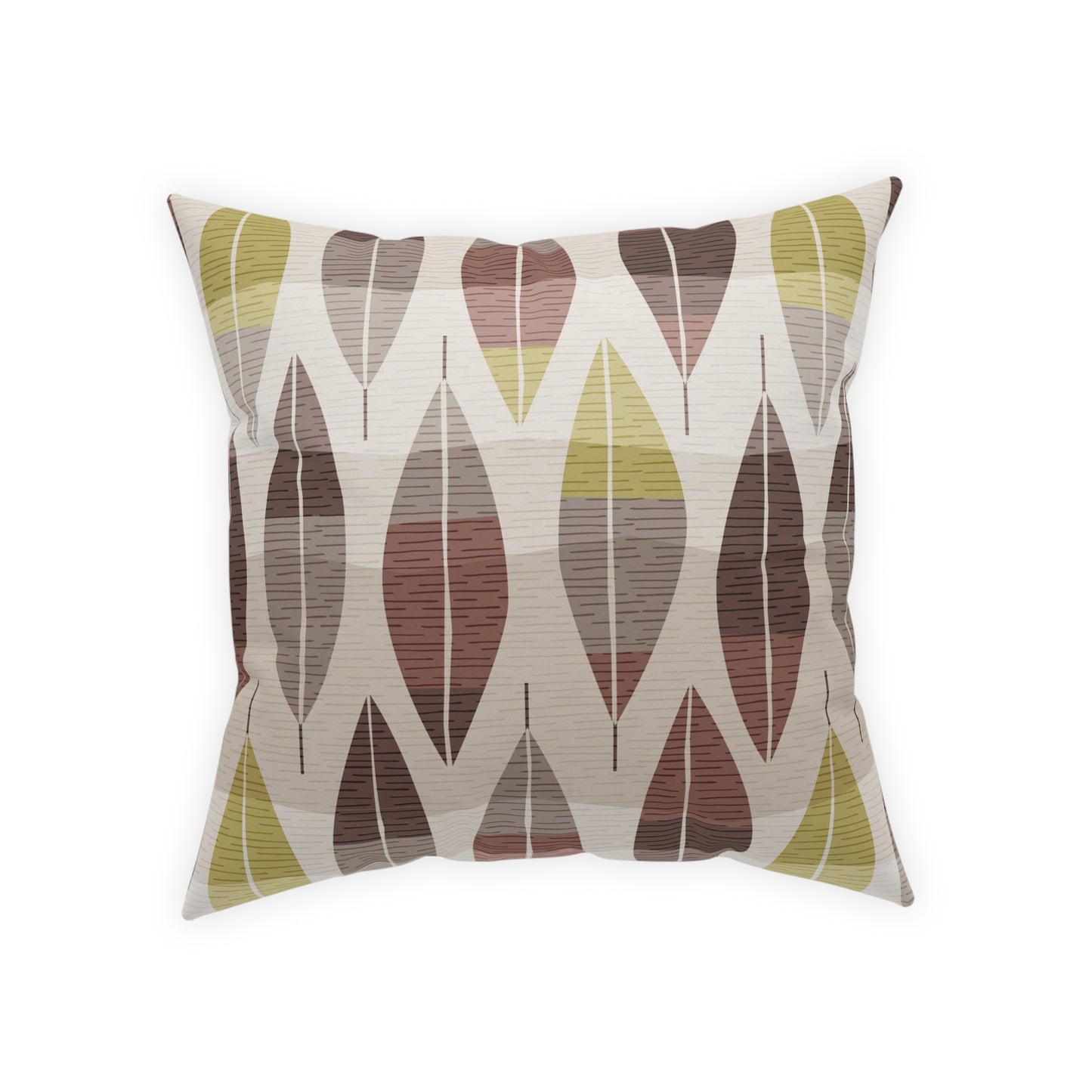 Accent Pillow with Mid-Century Leaf Patterns in Earth Tones. A Different Coordinating Print on Each Side. 5 Sizes. Pillow Insert Included.