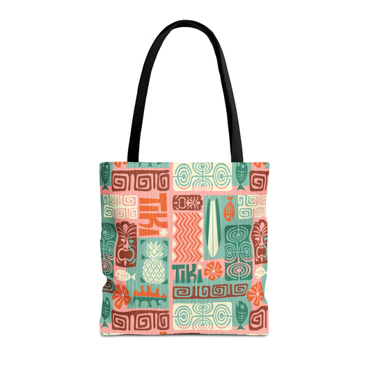 Summer Tote Bag with Vintage Coral Hawaiian Tiki print. Available in 3 sizes.