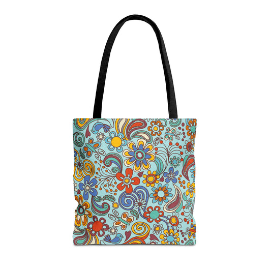 Cheerful Tote Bag with 60's Boho Flower Power Print. Available in 3 sizes.