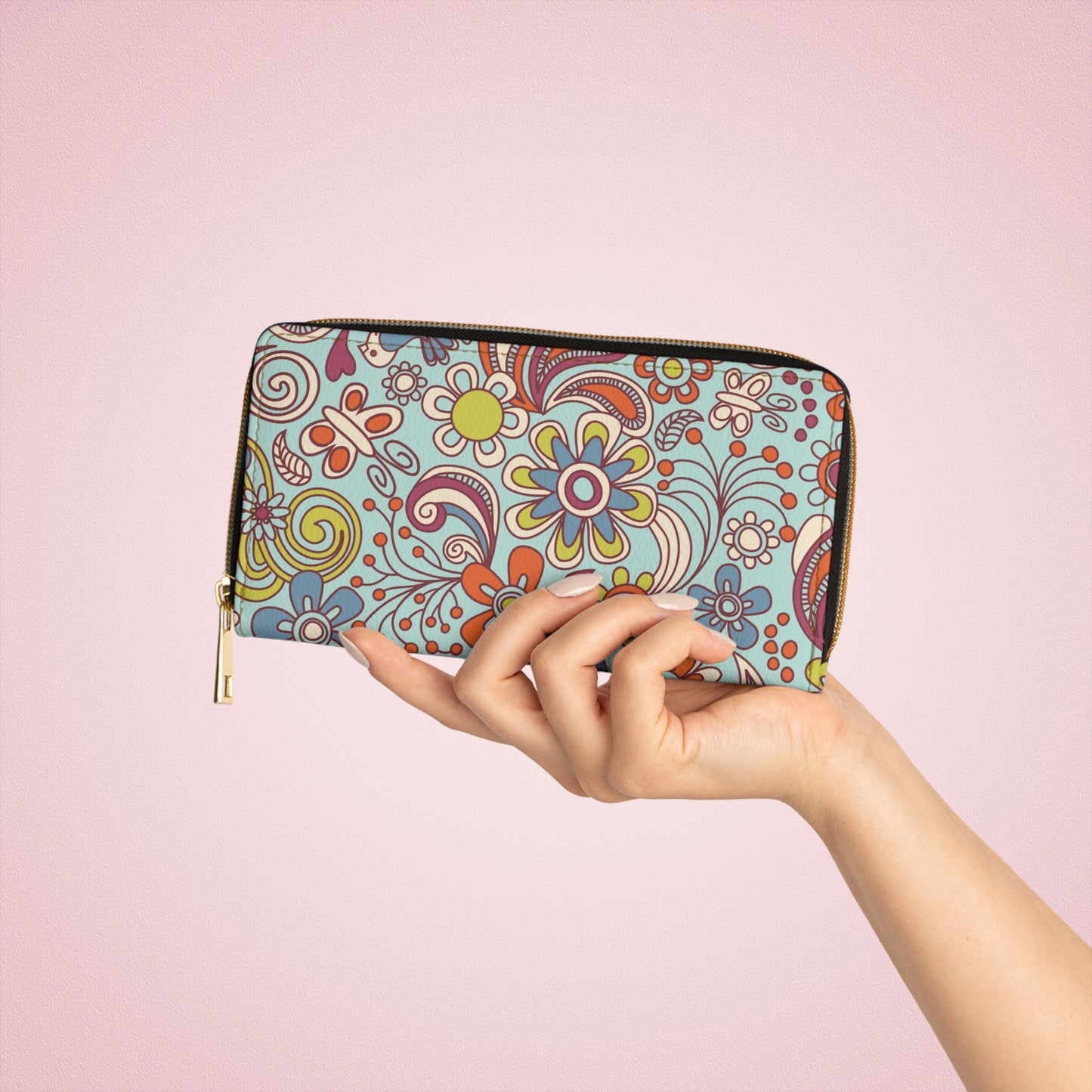 Zipper Wallet with Custom Boho Flower Power Print.