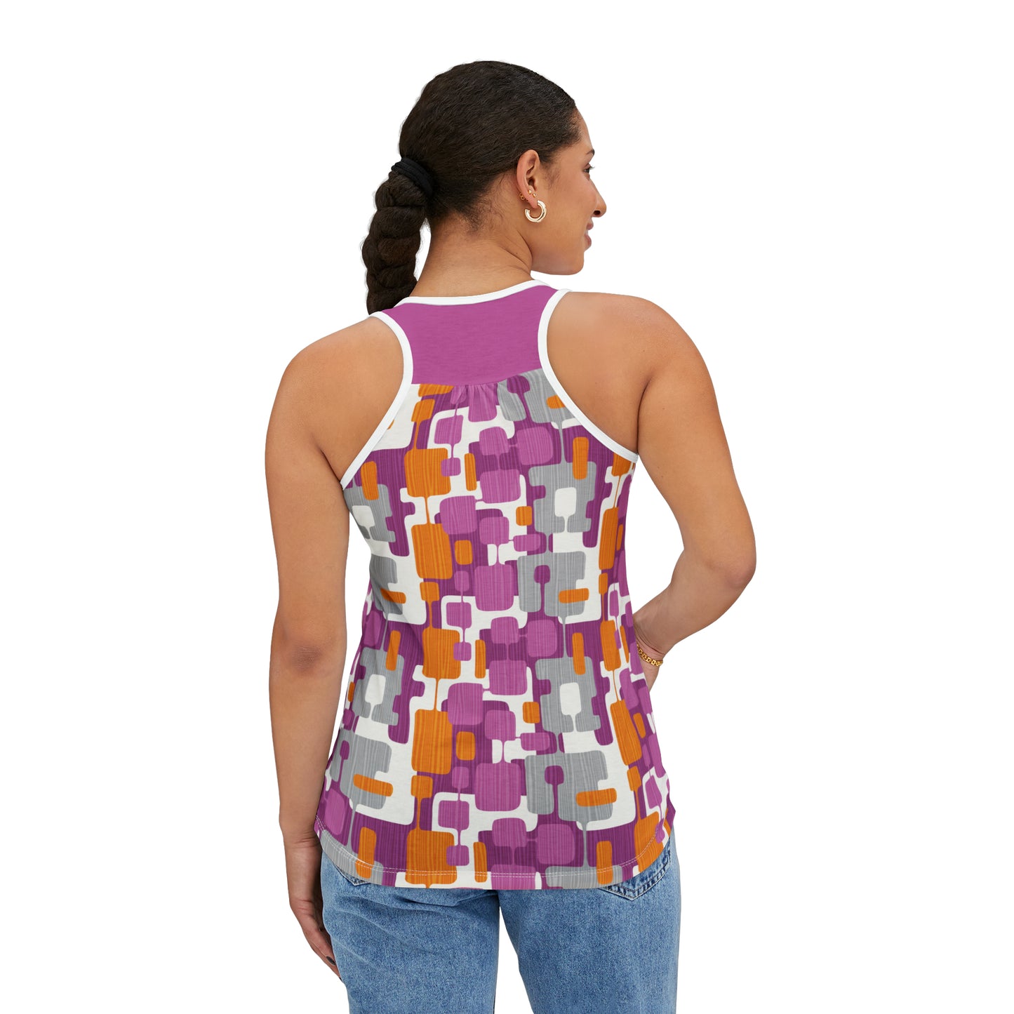 Women's Colorful Abstract All Over Print Tank Top- Pink, Orange and White