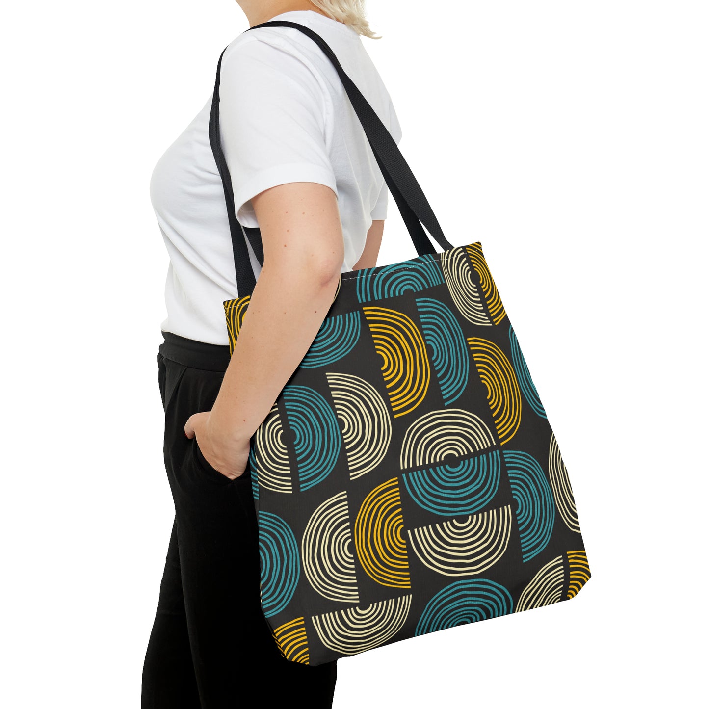 Beautiful Tote Bag with Mid Century Print in Black, Teal and Gold. Available in 3 sizes.