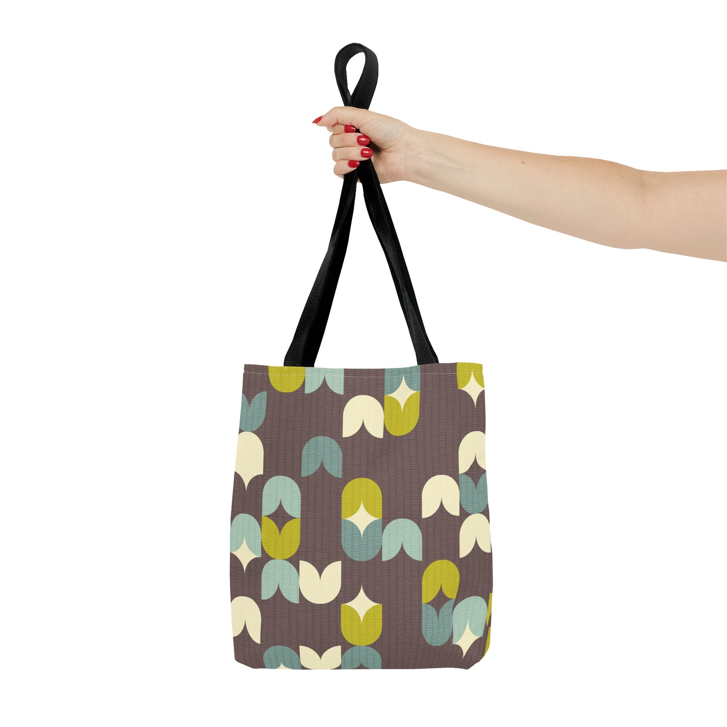 Beautiful Tote Bag with Scandinavian Inspired Print in Deep Brown, Aqua Blue and Lime. Available in 3 sizes.