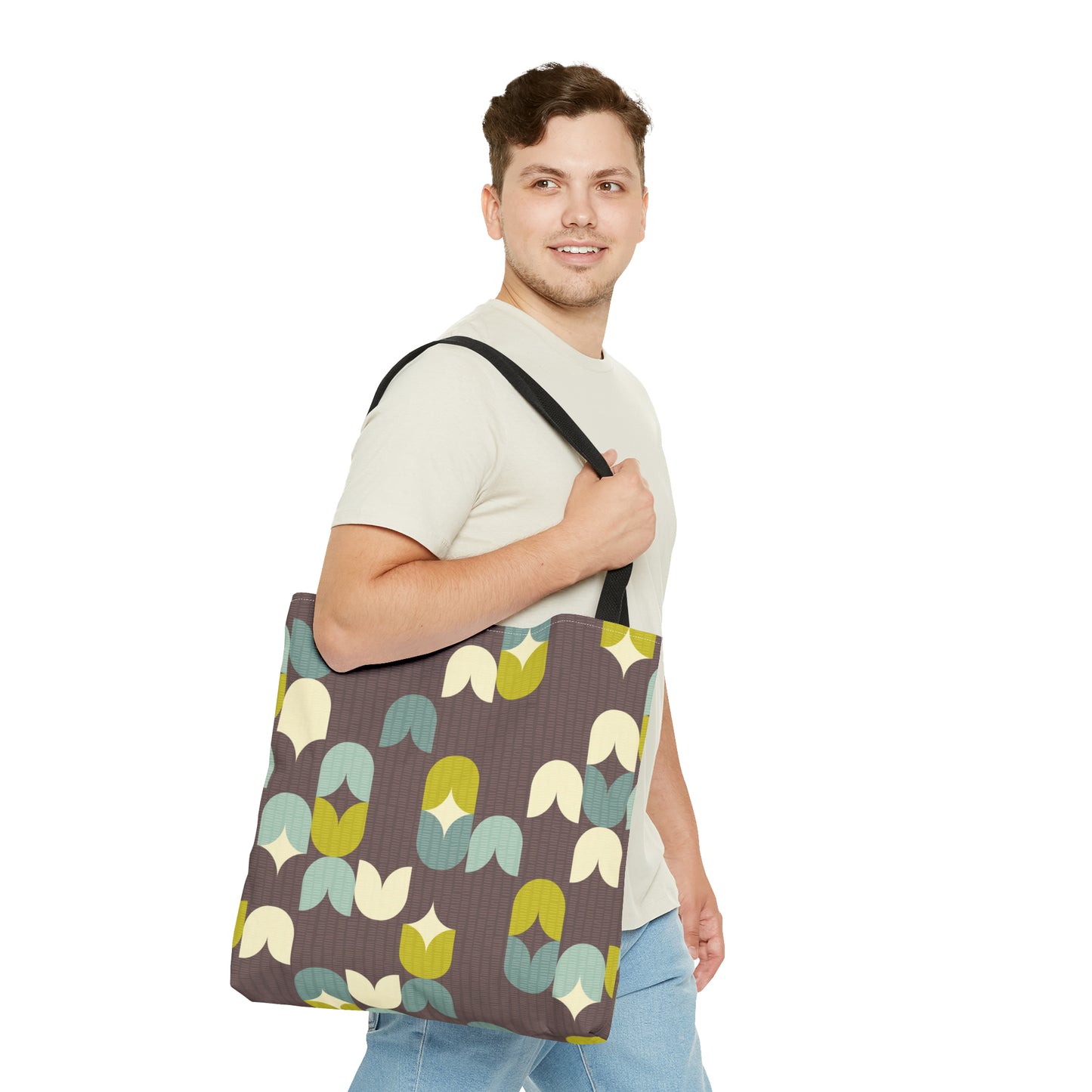 Beautiful Tote Bag with Scandinavian Inspired Print in Deep Brown, Aqua Blue and Lime. Available in 3 sizes.