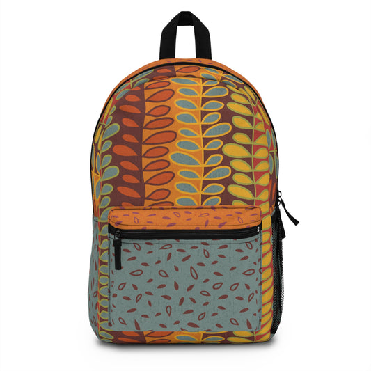 Custom All Over Print Backpack. 3 Boho Patterns in Teal, Orange, Red and Gold. Size 12'' x 17" x 5".