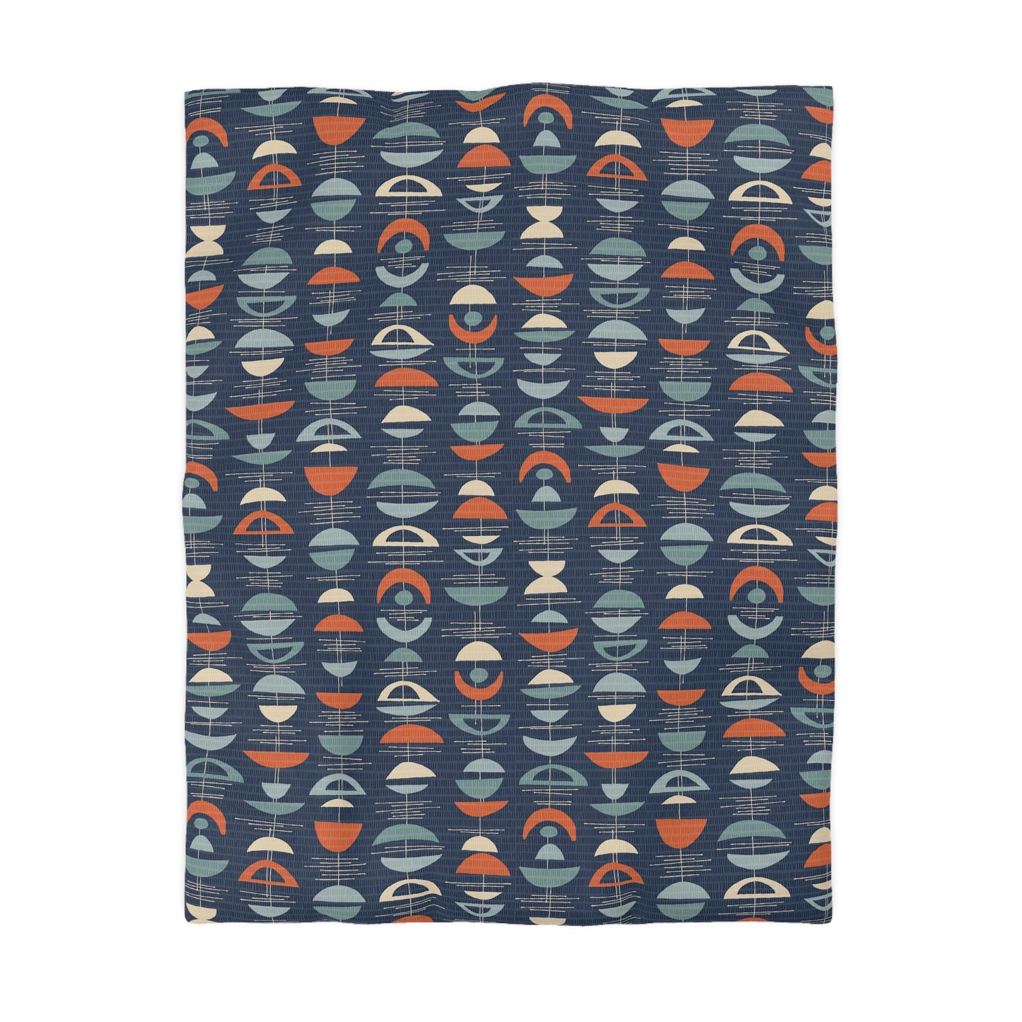 Mid Century Modern Duvet Cover in Deep Blue, Dark Coral and Grey. Original Abstract Crescent Pattern. 4 sizes.