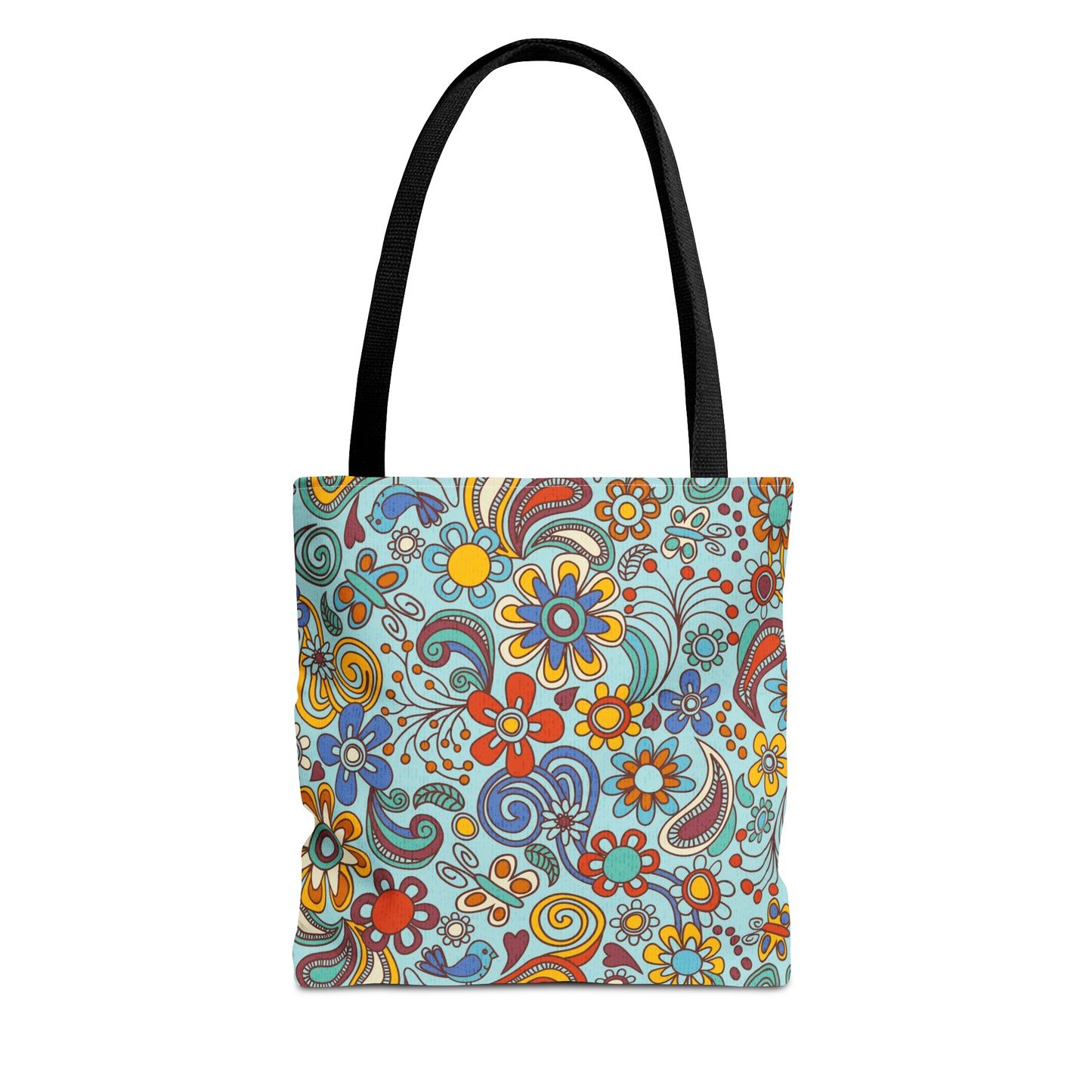 Cheerful Tote Bag with 60's Boho Flower Power Print. Available in 3 sizes.