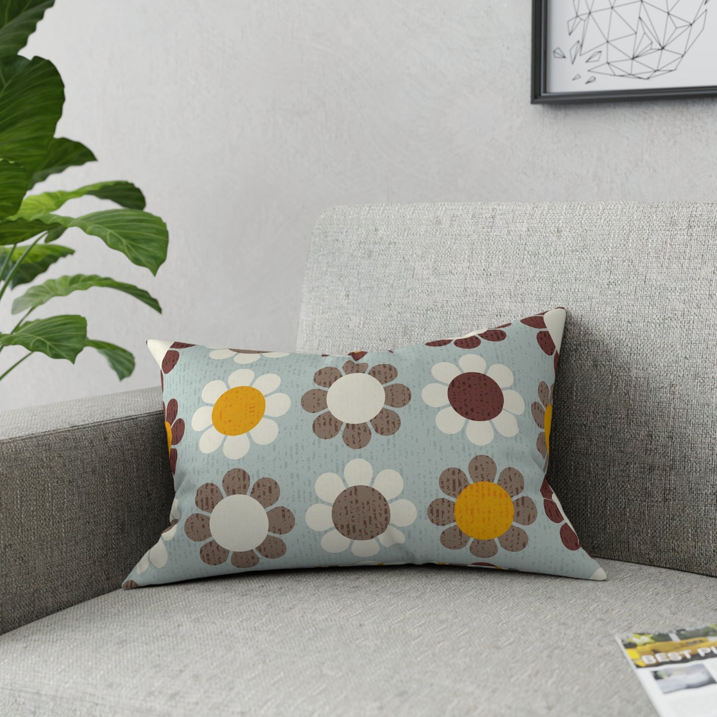 Accent Pillow with Retro Flower Power Daisy Pattern on the front, Matching Stripes on the back. 5 sizes. Pillow Insert Included