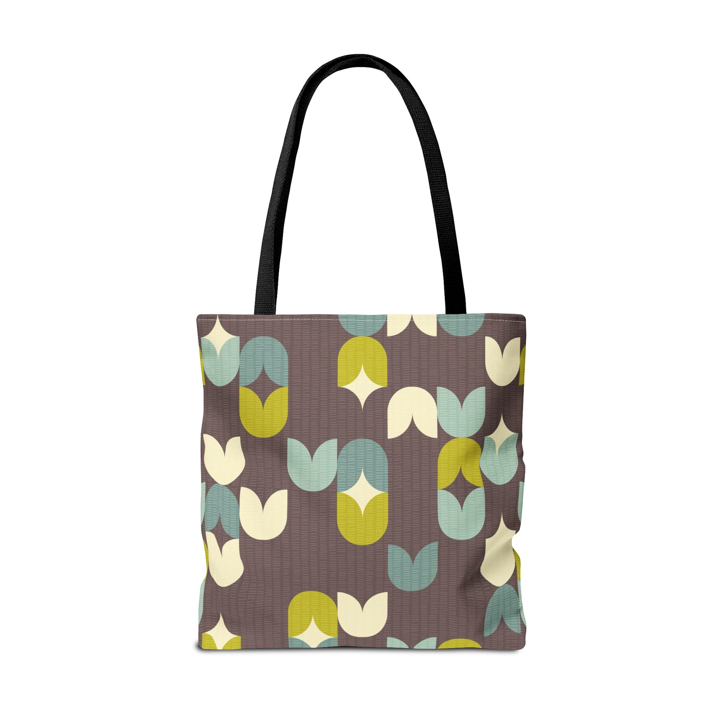 Beautiful Tote Bag with Scandinavian Inspired Print in Deep Brown, Aqua Blue and Lime. Available in 3 sizes.