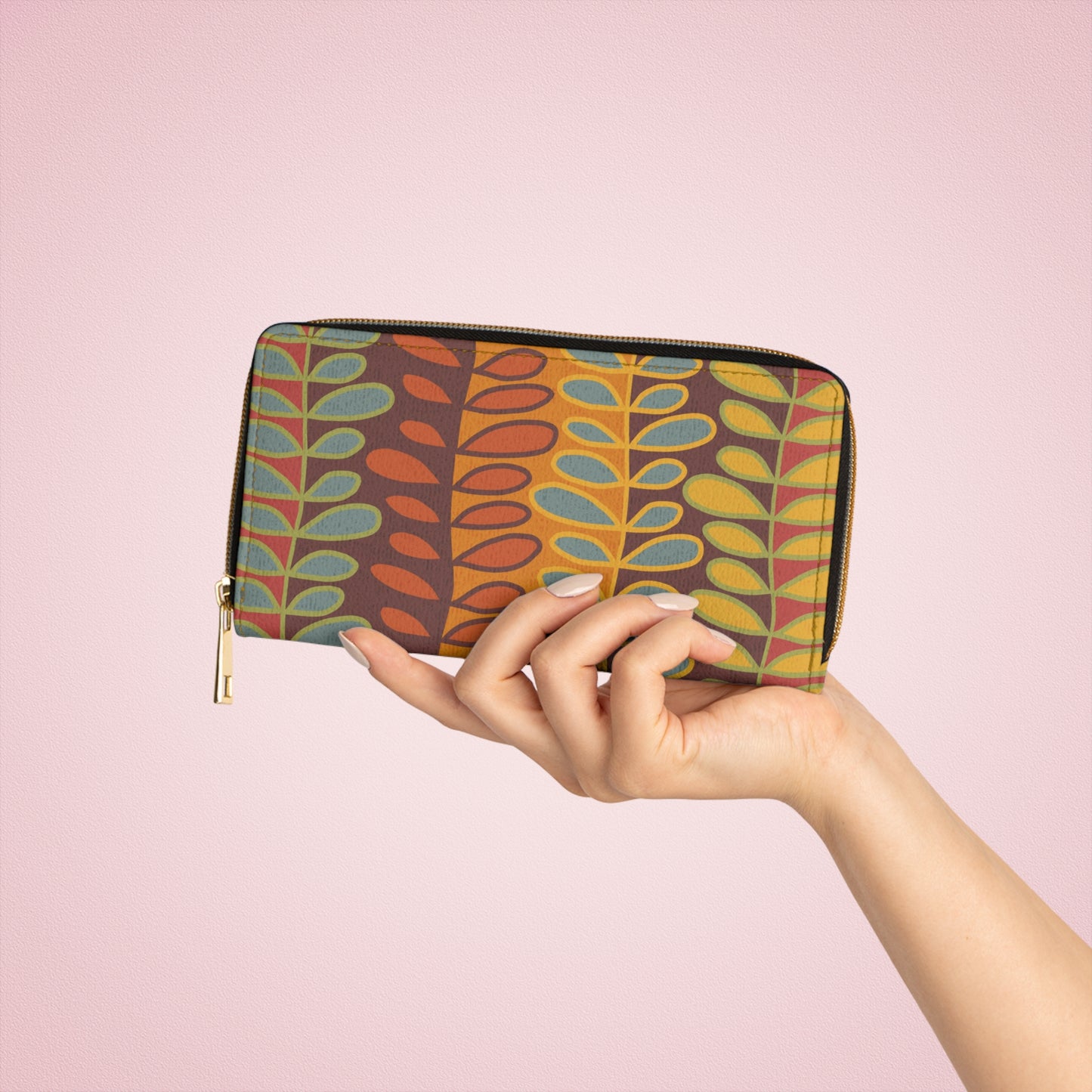 Zipper Wallet with Lively Boho Leaf and Vine Pattern.