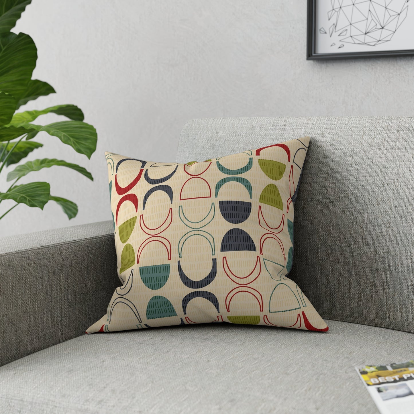 Mid-Century Modern Accent pillow. Colorful Abstract Design on the Front, Coordinating Pattern on the Back. 5 sizes. Pillow insert included.