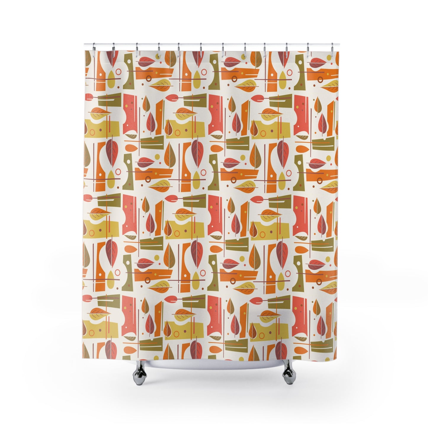 Fabric Shower Curtain with Abstract Geometric Mid-Century Leaf Pattern.