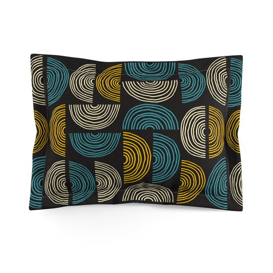 Mid-Century Modern Pillow Sham. Unique Circle Pattern in Turquoise and Gold on Black. Pairs with Duvets. Standard and King Sizes.