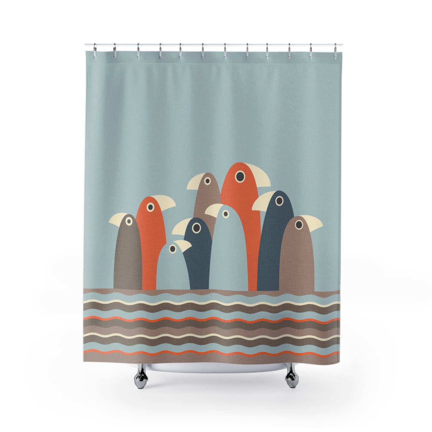 Quirky Birds Fabric Shower Curtain in Blue, Gray and Rust