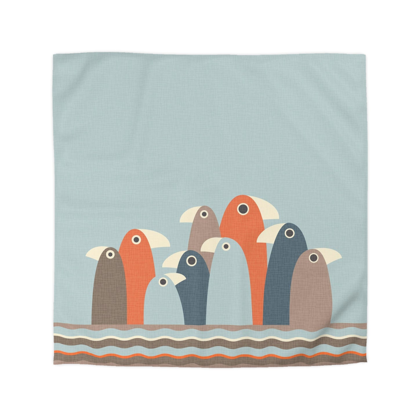 Cute Duvet Cover with Minimalist Design. Gaggle of Quirky Birds in Mint, Taupe, Coral and Grey. Original Illustration and Design. 2 Sizes.