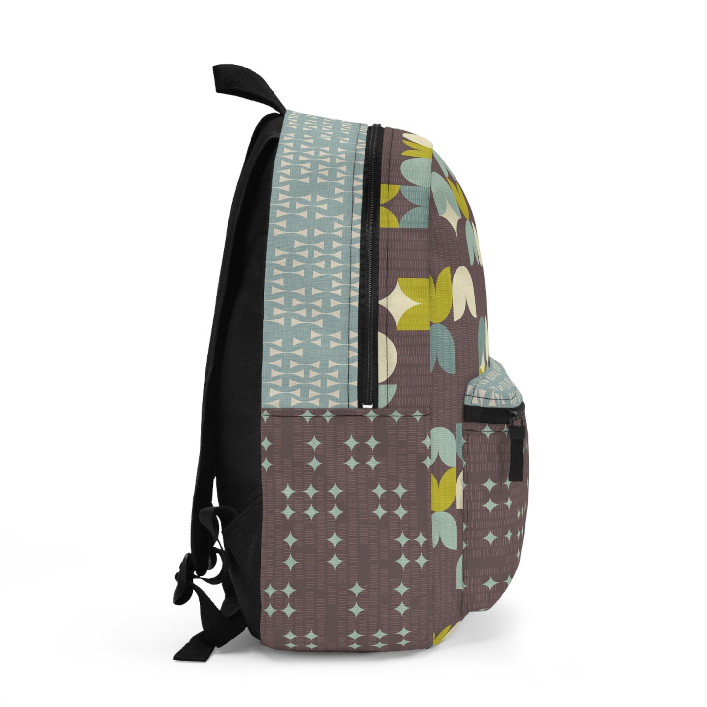 Custom All Over Print Backpack. Scandinavian Inspired Patterns in Chocolate, Mint, Teal and Olive. Size 12'' x 17" x 5".