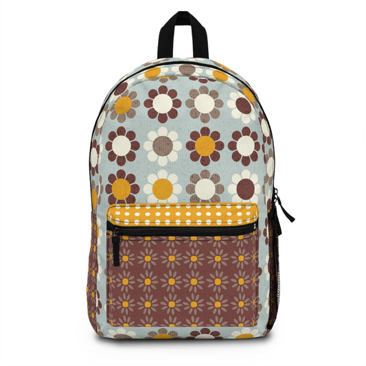 Custom All Over Print Backpack with Playful 1960s Daisy Prints. Size 12'' x 17" x 5".