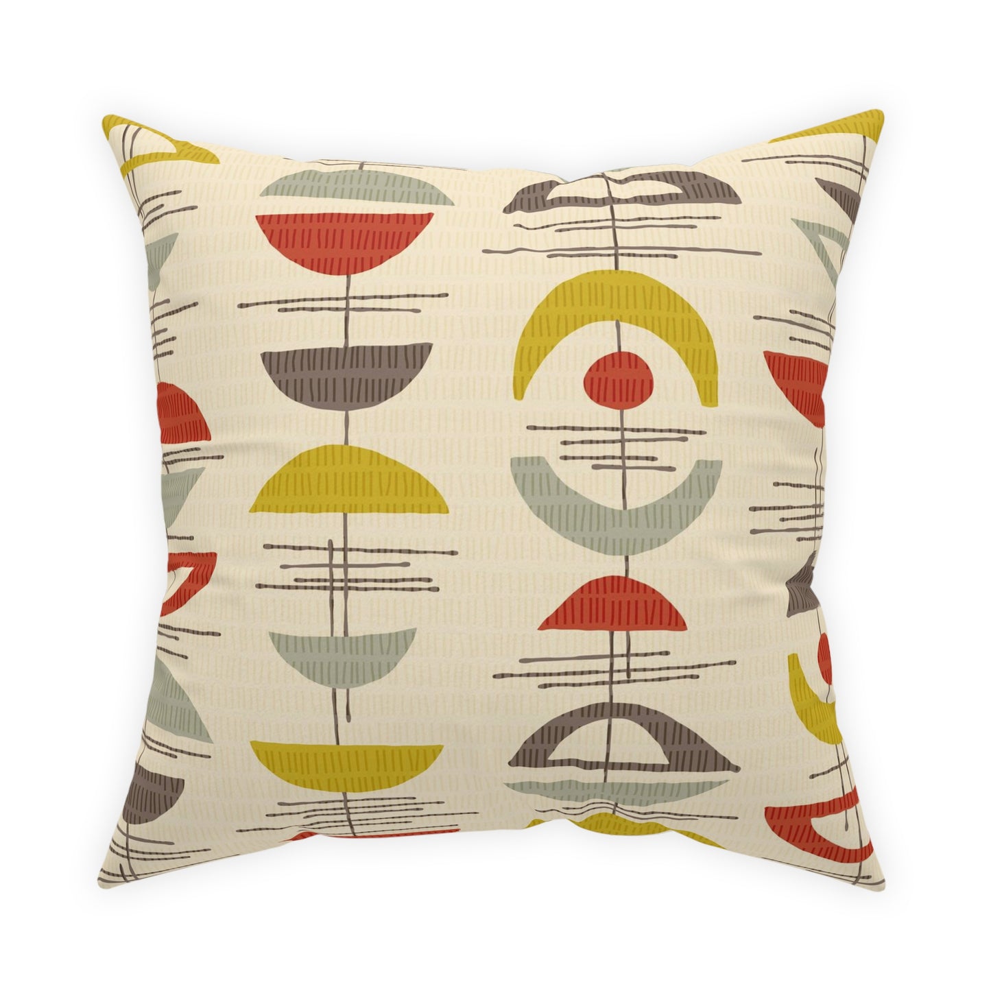 Mid Century Accent Pillow in Cream, Red, Sage Green and Gold. A Different Pattern Printed on Each Side. 5 sizes. Pillow insert included.