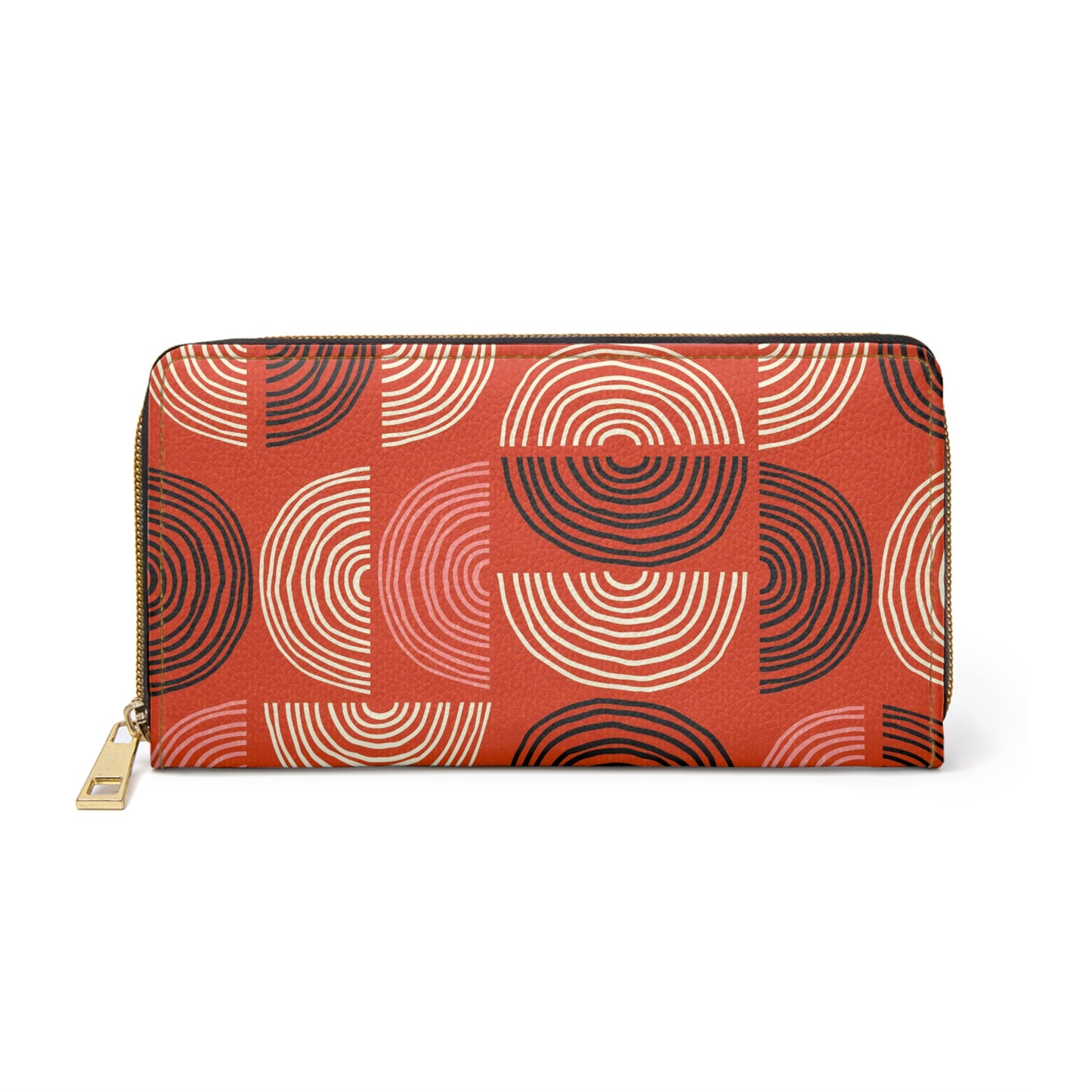 Zipper Wallet with Custom Mid-Century Print. Unique Circle Pattern in Red, Black, and Pink.