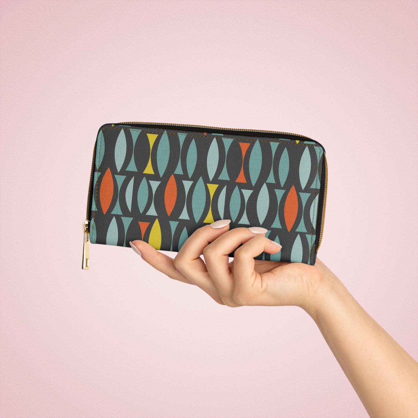 Zipper Wallet with Custom Mid-Century Print. Unique Abstract Geometric Pattern.