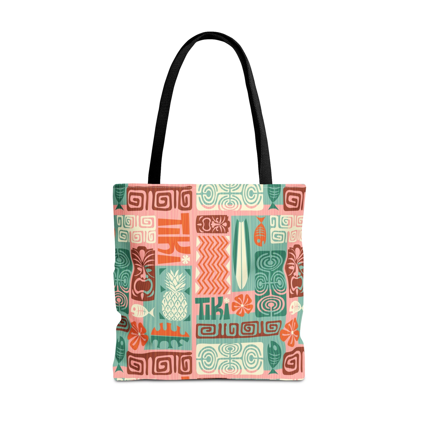 Summer Tote Bag with Vintage Coral Hawaiian Tiki print. Available in 3 sizes.