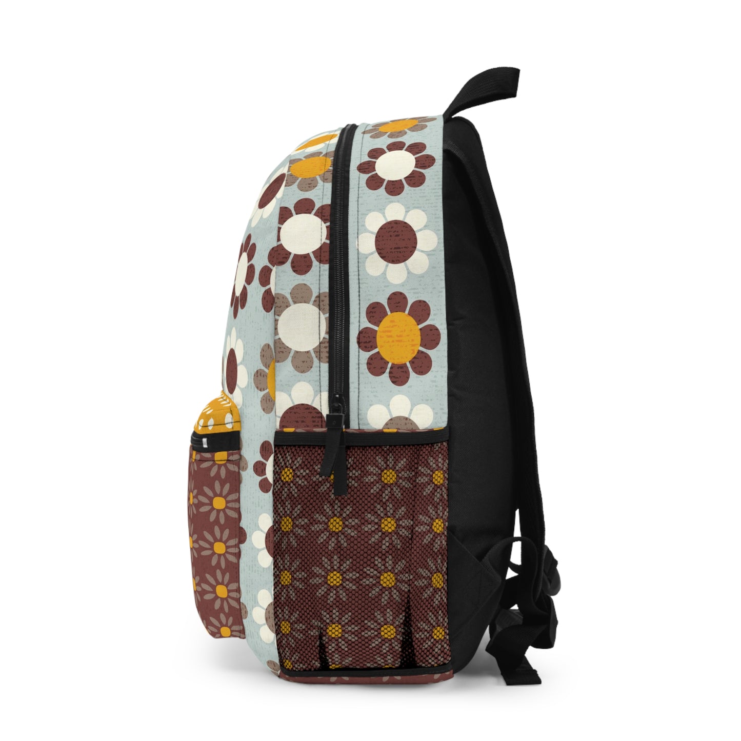 Custom All Over Print Backpack with Playful 1960s Daisy Prints. Size 12'' x 17" x 5".