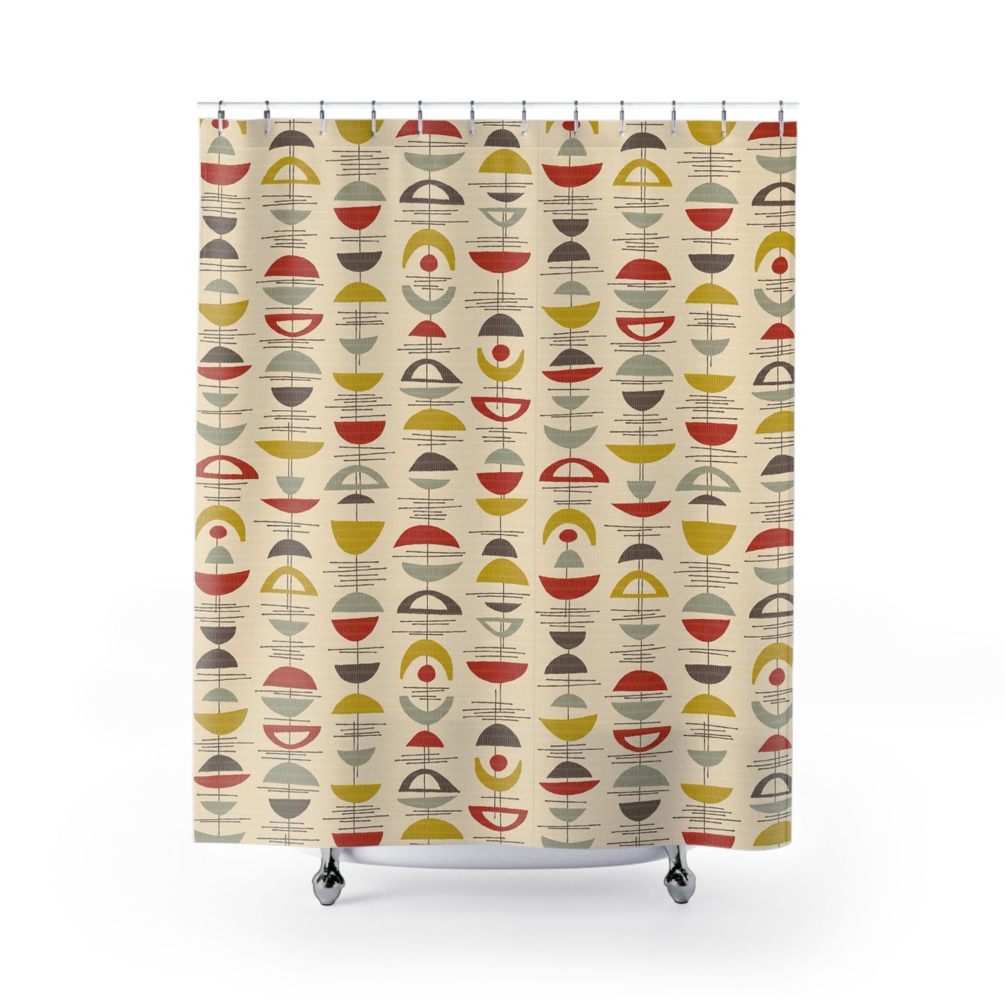 Fabric Shower Curtain with Original Abstract Mid-Century Pattern on Beige Background.