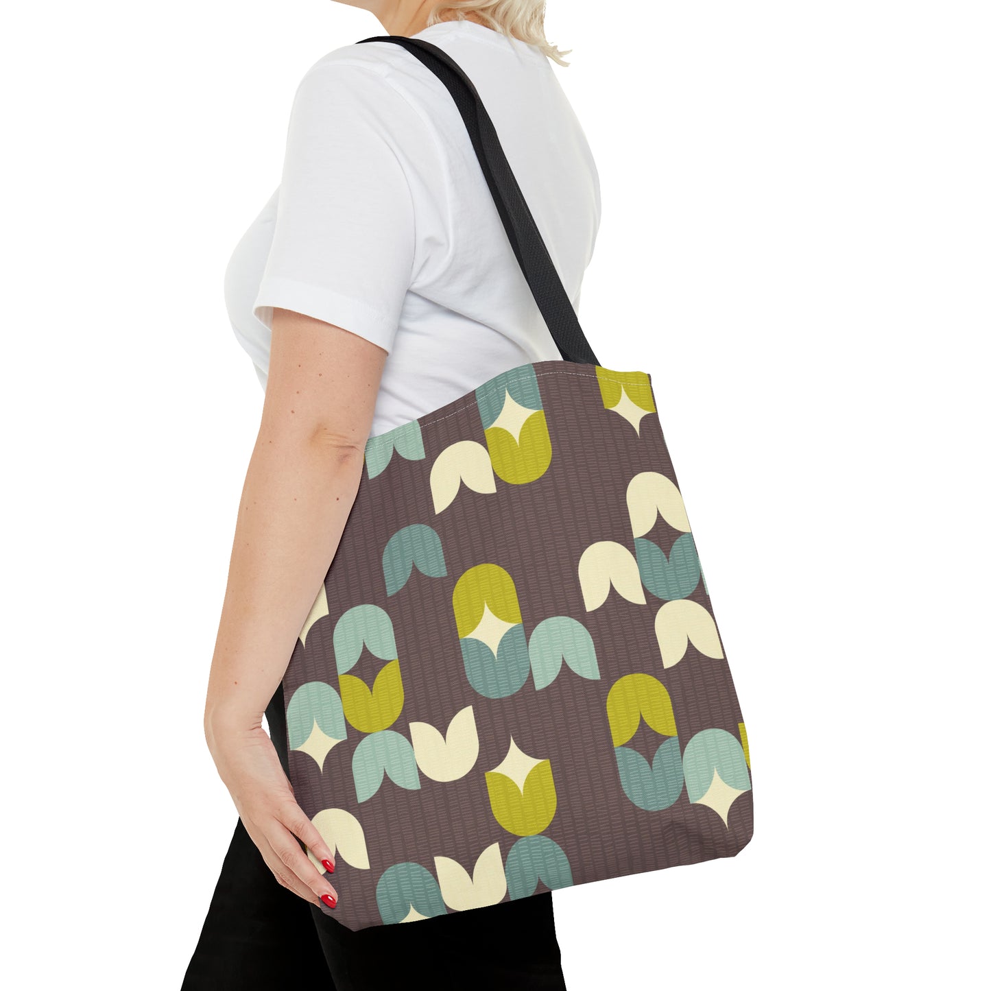 Beautiful Tote Bag with Scandinavian Inspired Print in Deep Brown, Aqua Blue and Lime. Available in 3 sizes.