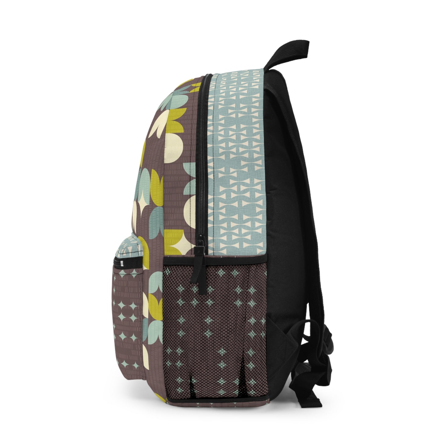 Custom All Over Print Backpack. Scandinavian Inspired Patterns in Chocolate, Mint, Teal and Olive. Size 12'' x 17" x 5".