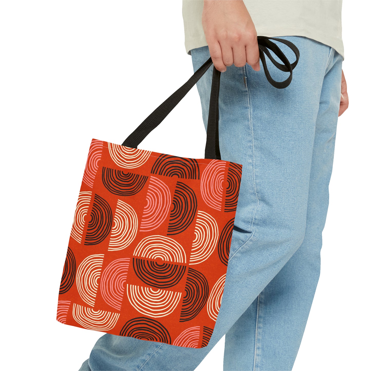 Perfect Tote Bag with Custom Mid Century Modern Print. Unique Circle Pattern in Red, Black, Pink and Beige. 3 sizes Available.