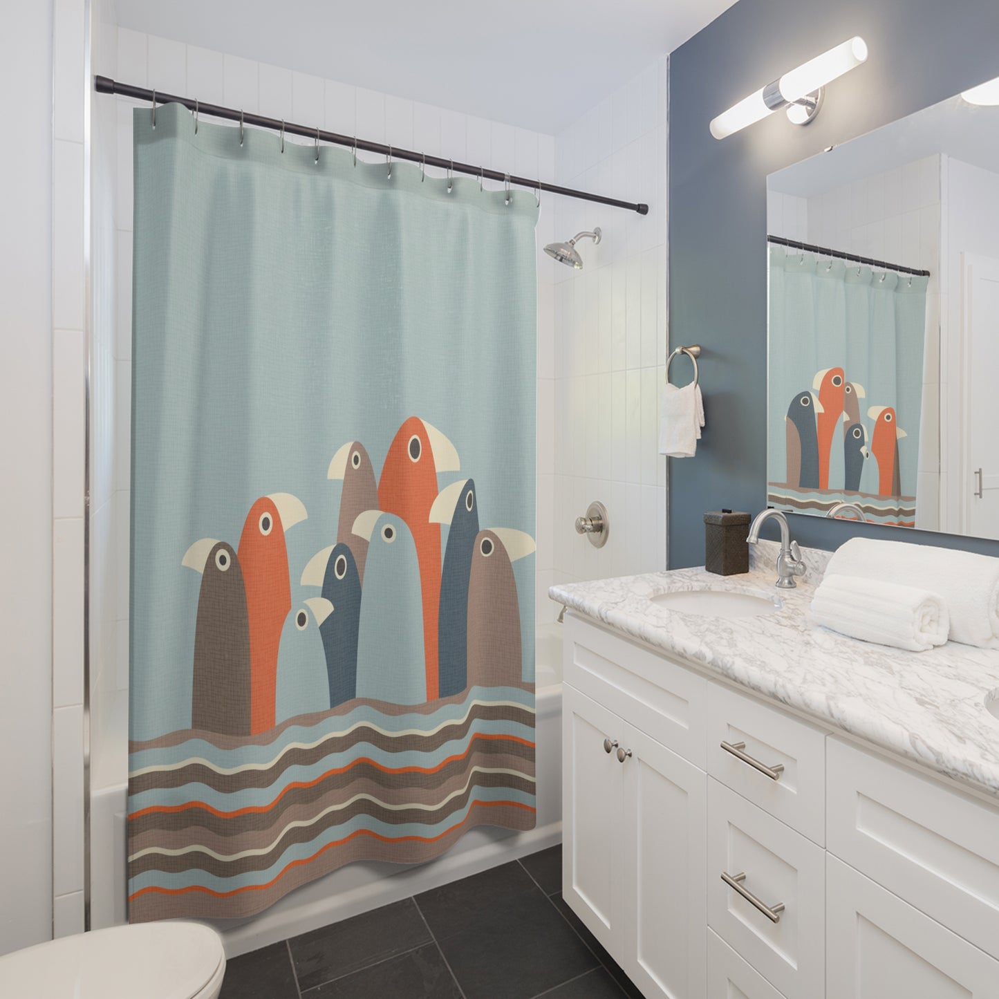 Quirky Birds Fabric Shower Curtain in Blue, Gray and Rust