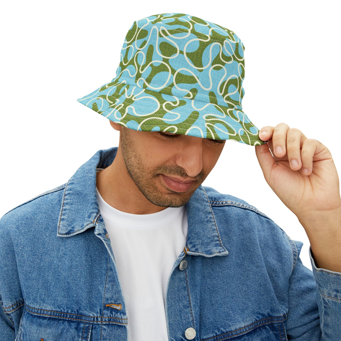 Summer Bucket Hat with Wild Abstract Surfer Print in Pool Blue and Green. Available in 2 sizes.