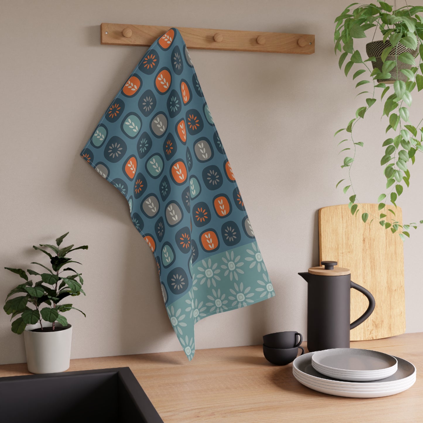 Scandinavian Inspired Kitchen Towel, Blue Pattern. 100% Cotton, 18'' x 30''.