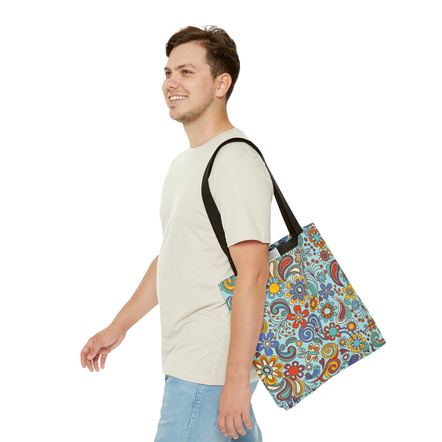 Cheerful Tote Bag with 60's Boho Flower Power Print. Available in 3 sizes.