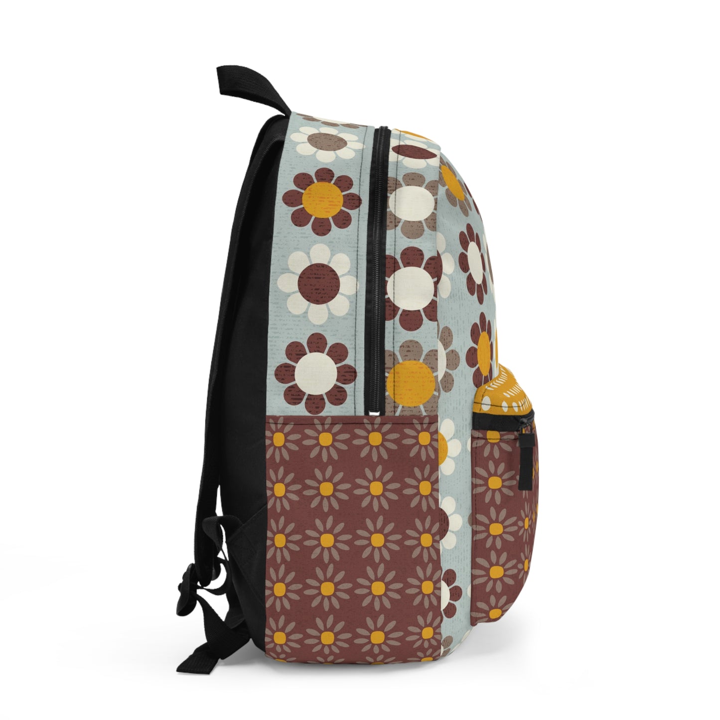 Custom All Over Print Backpack with Playful 1960s Daisy Prints. Size 12'' x 17" x 5".