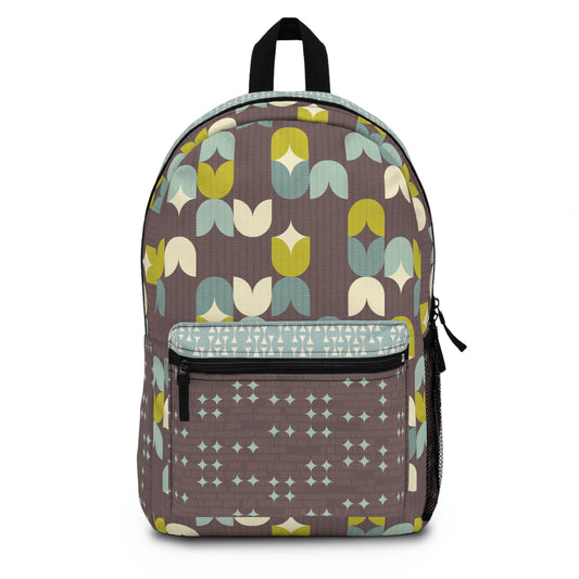 Custom All Over Print Backpack. Scandinavian Inspired Patterns in Chocolate, Mint, Teal and Olive. Size 12'' x 17" x 5".