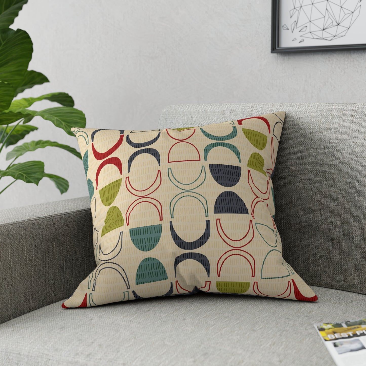 Mid-Century Modern Accent pillow. Colorful Abstract Design on the Front, Coordinating Pattern on the Back. 5 sizes. Pillow insert included.