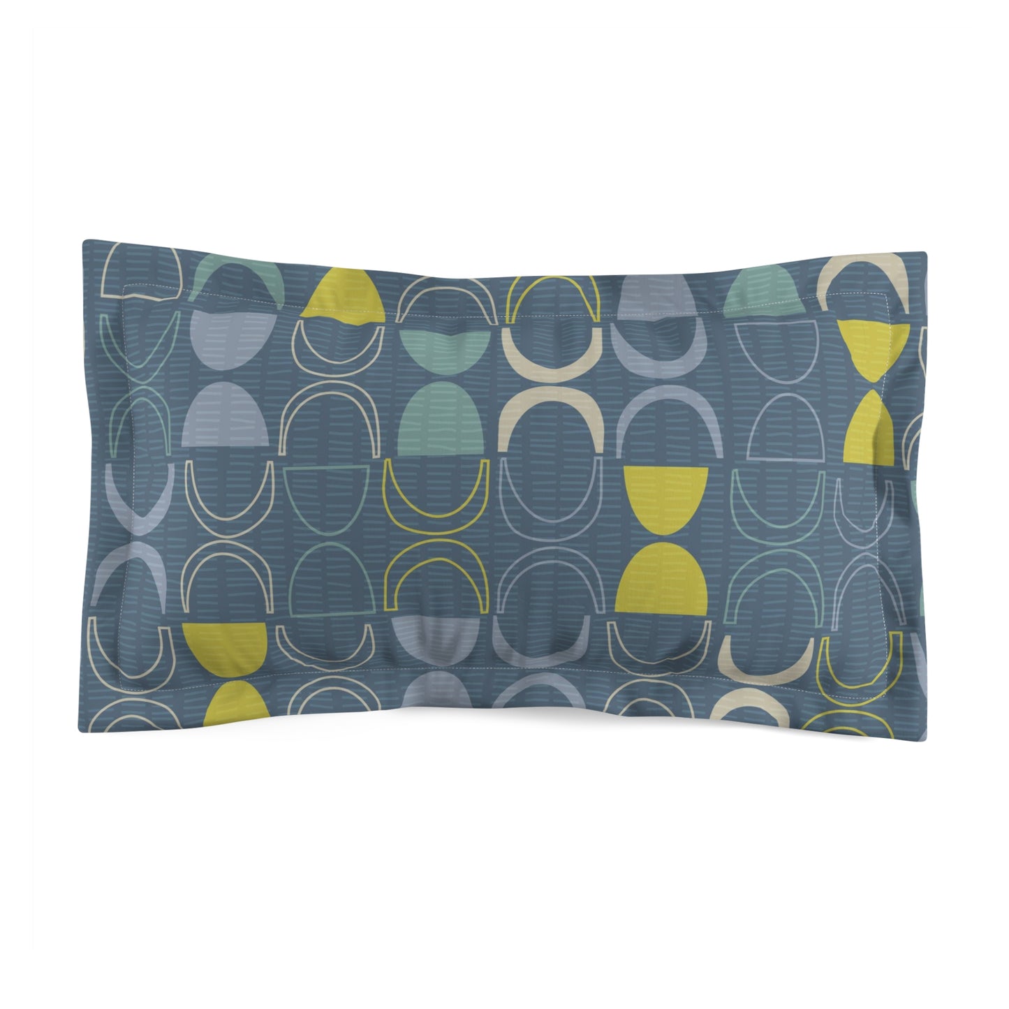 Pillow Sham with Mid-Century Print in Blues and Greens. Pairs with Duvets. Standard and King Sizes.